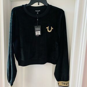 NEW True Religion Black Crop Pullover with Gold Logo. Size Medium